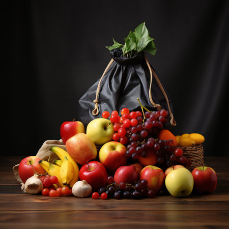 Fresh fruits and vegetables in a bag on a wooden table. Black background.の素材