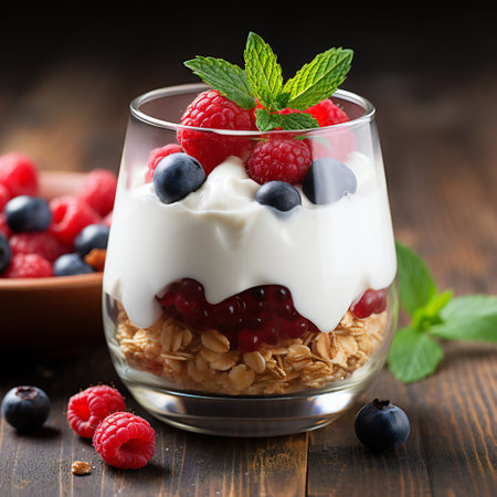Greek yogurt with granola and fresh berries in a glass on wooden backgroundの素材