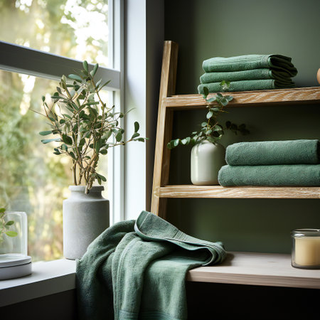 Bathroom interior with wooden shelf, green towels and flowers in vaseの素材