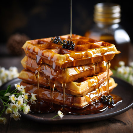 Belgian waffles with honey and wildflowers on a wooden backgroundの素材
