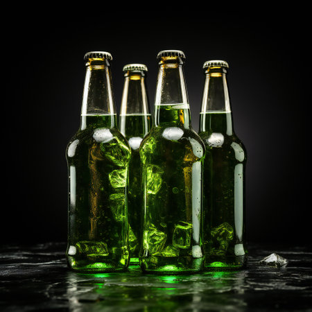 Bottles of beer with ice cubes on black background, closeupの素材