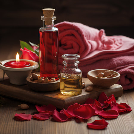 Spa still life with rose petals, oil and candles on wooden backgroundの素材