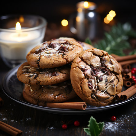 Chocolate cookies with cranberries and nuts on a dark wooden backgroundの素材