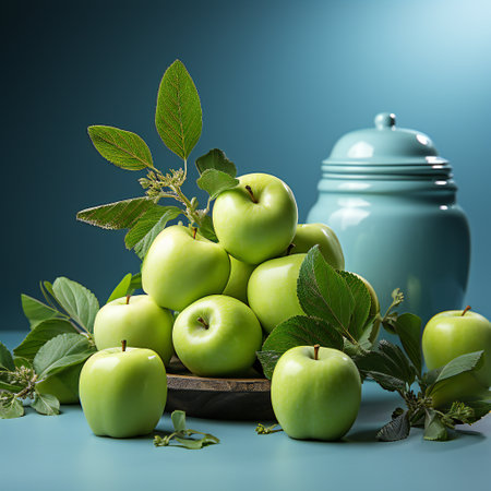 Green apples with leaves on a blue background. Close-up.の素材