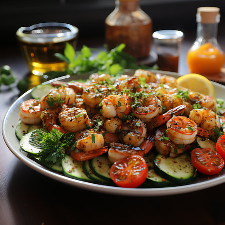 Seafood salad with shrimps, tomatoes, cucumbers and greensの素材