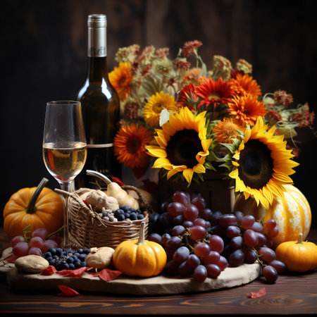 Autumn still life with pumpkins, grapes, sunflowers and wineの素材