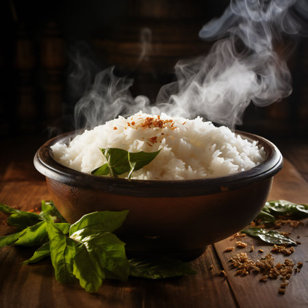Cooked rice in a clay bowl on a wooden background. Selective focus.の素材