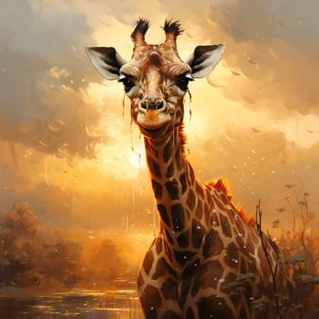 giraffe in the wild at sunset - digital painting and illustrationの素材