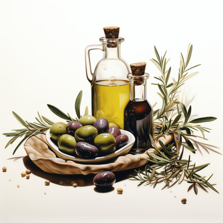 Olive oil and olives on a white background. Vintage style.の素材