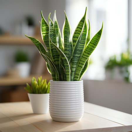 Sansevieria plant in a white pot on a wooden tableの素材