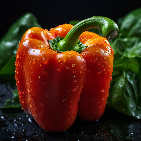 Fresh red bell pepper with water drops on black background. Close up.の素材
