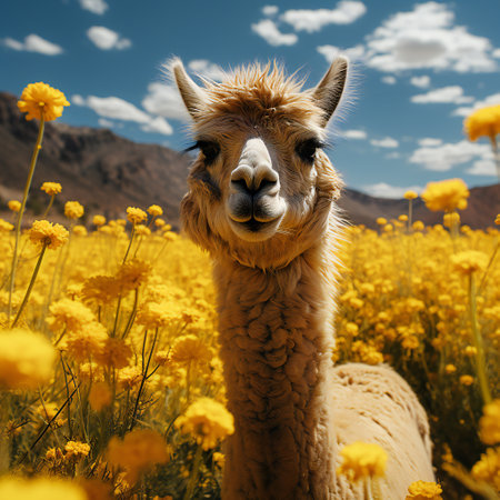 Llama in a field of yellow flowersの素材