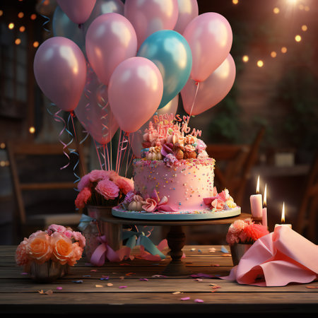 Birthday cake with candles and balloons on wooden table. 3d renderingの素材
