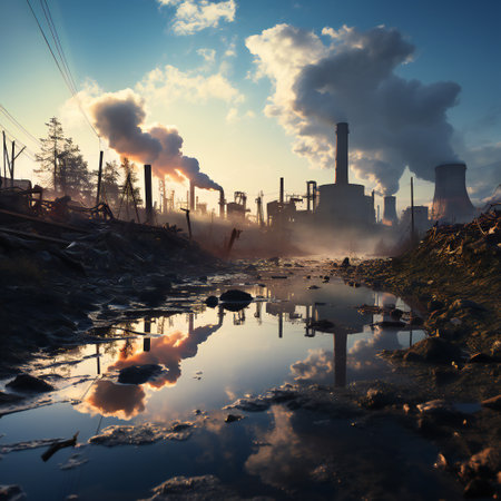 Industrial landscape with smokestack and reflection in water.の素材