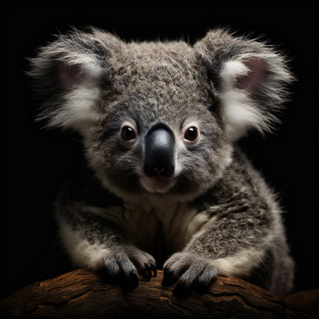 Cute koala close up portrait on black background, studio shotの素材