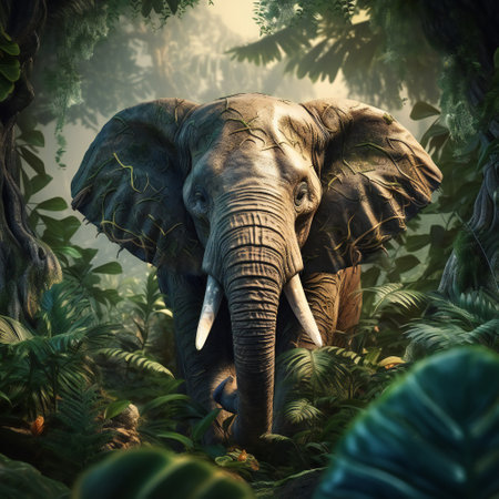 Elephant in the jungle. 3D render. Vintage style.の素材