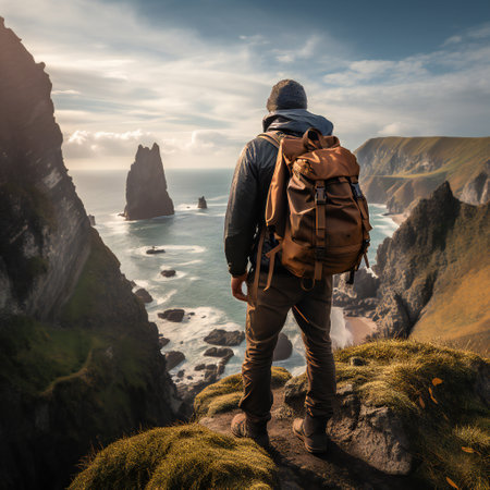 Traveler with backpack standing on the edge of a cliff and looking at the seaの素材