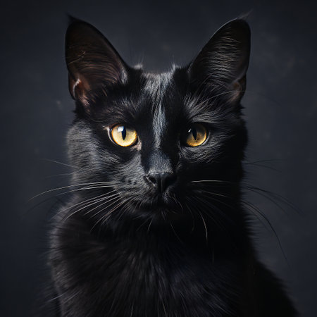Portrait of a black cat with yellow eyes on a dark backgroundの素材