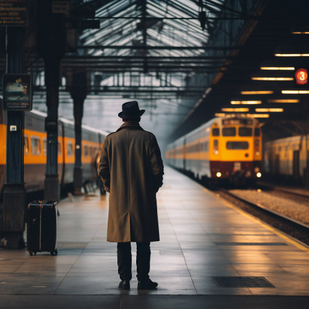 A man in a raincoat and a hat waiting for a train at the station.の素材