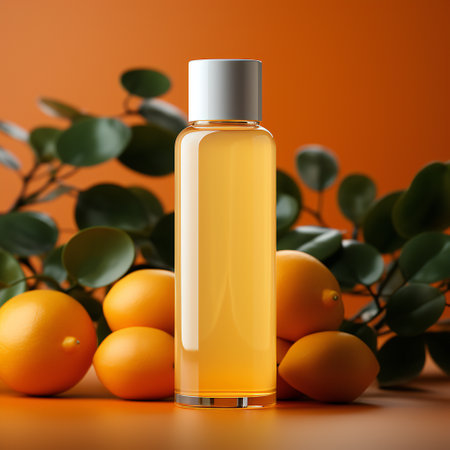 Bottle of citrus essential oil on orange background. 3d illustrationの素材