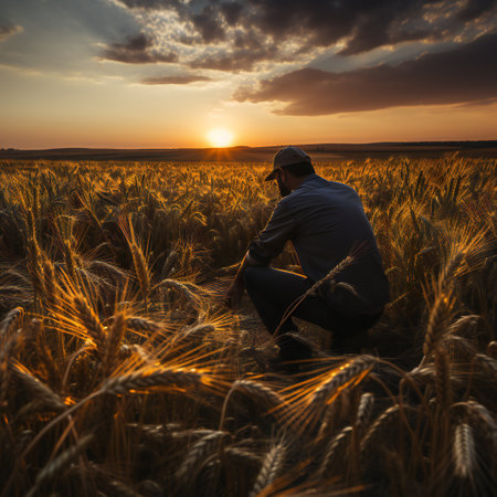 Farmer standing in a wheat field and looking at the sunset.の素材