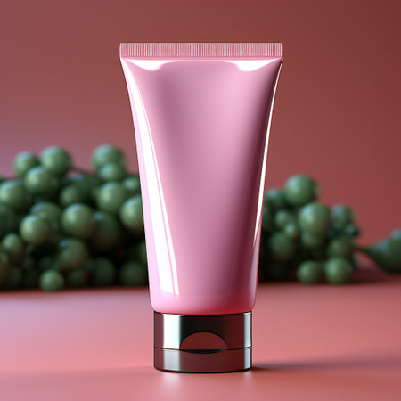 Pink cosmetic tube on a pink background. 3d render illustration.の素材