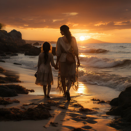 Silhouette of mother and daughter walking on the beach at sunsetの素材