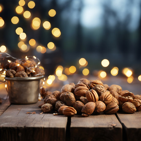 Walnuts on rustic wooden table in front of bokeh lightsの素材