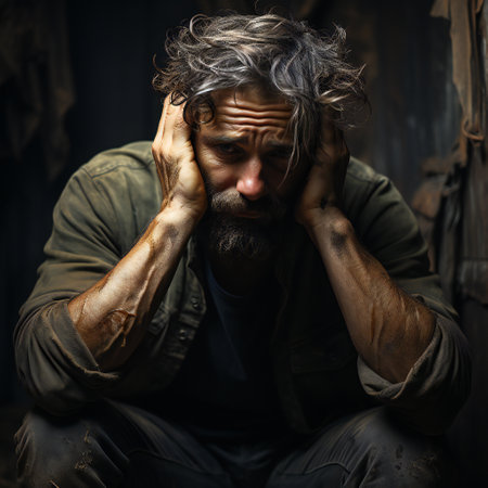 Portrait of a man sitting in a dark room. Homeless concept..Concept of sadness , anxiety and depressionの素材