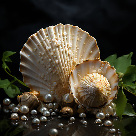 still life with seashells and pearls on a black backgroundの素材