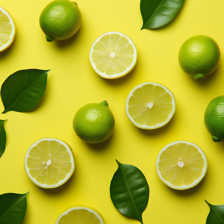 Fresh limes with green leaves on yellow background. Flat lay, top viewの素材