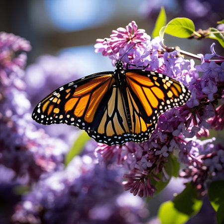 Monarch butterfly (Danaus plexippus) on lilac flowersの素材