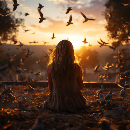 Beautiful girl in a beige dress sits on the ground among flying pigeons at sunset.の素材
