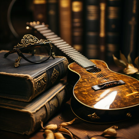 Acoustic guitar, books and glasses on a wooden table. Music concept.の素材
