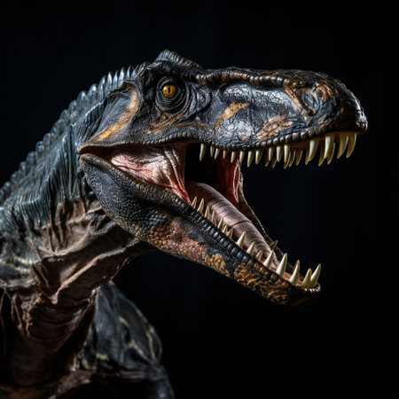 Dinosaur T-rex on a black background close-up.の素材