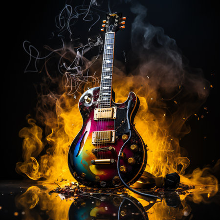 Electric guitar on a black background with fire and smoke. Musical instrument.の素材