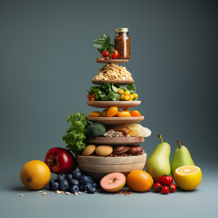 Healthy food pyramid made of fruits and vegetables on grey background.の素材