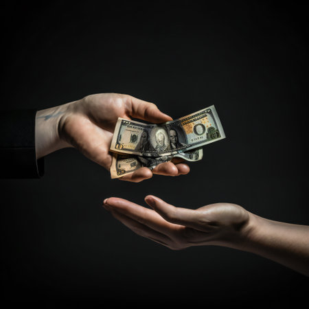 Close up of human hands giving money to another person over black backgroundの素材