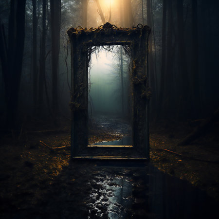 Mysterious dark forest with old door. Halloween concept. 3D renderingの素材