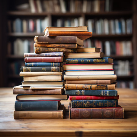 Pile of old books in the library. Selective focus.の素材