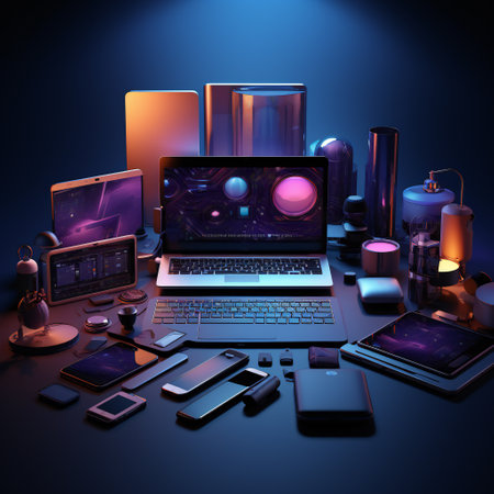 laptop, smartphone, tablet and other devices on a dark backgroundの素材