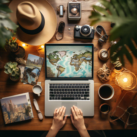 Woman working with laptop on wooden table. Travel concept. Top viewの素材