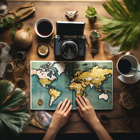 Travel Destination Journey Trip Vacation Wanderlust Concept.Top view of female hands holding a map of the world on a wooden table.の素材