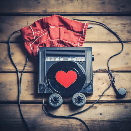 Vinyl record player with red heart and headphones on wooden background.の素材