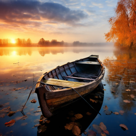 Boat on the lake at sunrise. Autumn landscape. Nature composition.の素材
