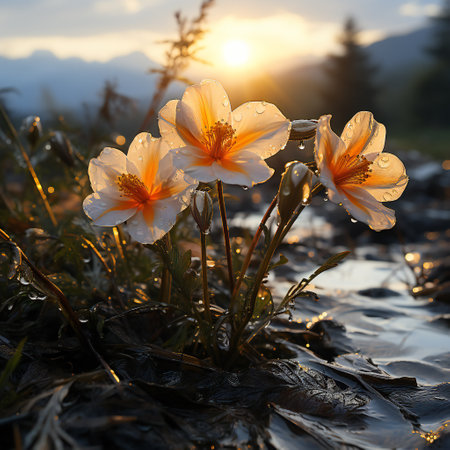 Beautiful white crocus flowers in the field on sunset background.の素材