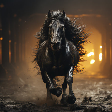 Black horse running in the dark forest at night with fog and lightsの素材