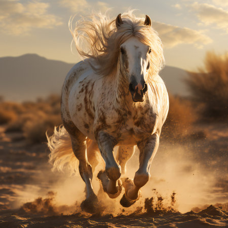 White horse galloping in the desert at sunsetの素材