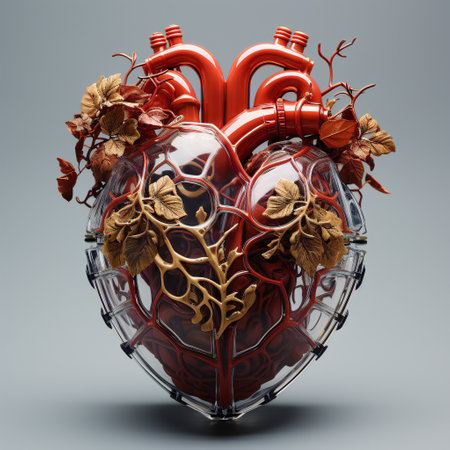 3d render of heart made of red metal with leaves inside.の素材