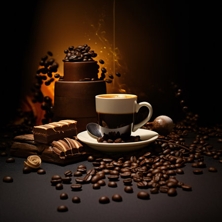 Coffee cup and coffee beans on a black background with copy spaceの素材